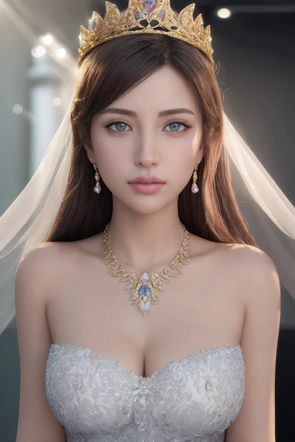 Game Art,Best image quality,Maximum resolution,8K,(A bust photo),(portrait),(Head close-up),(Rule of Thirds),Unreal Engine 5 rendering works,20 year old girl,((Queen)),The eyes are very detailed,(Large Breasts),Elegance and nobility,Light,Light line tracing,Game CG,((3D Unreal Engine)),OC rendering reflection mode,4K,Ultra-clear,sensuous,Translucent lace,Fair and plump figure,Pretty Face,Light Gel Coat,The Queen in a luxurious dress,Crystal Gem Crown,Necklace jewelry,blue eyes,The tattoo is very three-dimensional,Gorgeous and intricate tattoo designs,Ultra-clear portrait,Sexy body,Temple Princess,Sapphire eyes,Fine gold and diamond jewellery,Luxurious jewelry,Wearing diamond gemstone jewelry,Gorgeous jewelry all over the body,Pearl Necklace,Diamond Dress,Super beautiful model,