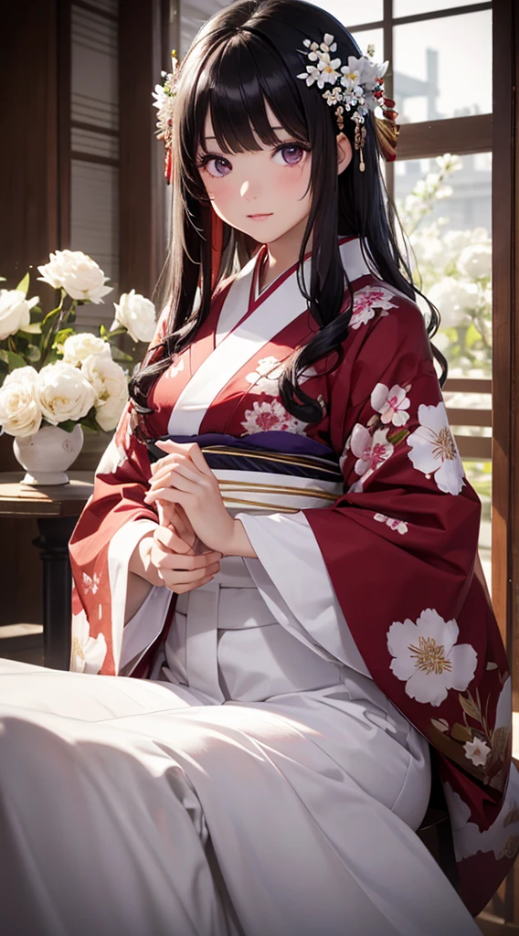 The background is a world of white flowers、(((Highest quality))), Tabletop, High resolution, (((One Girl))), 16 years old,Purple eyes、Long black hair,The bangs are wavy,Dark pink kimono、((Dark red floral kimono)), Tyndall effect, Realistic, Shadow Studio, red lighting, Dual Tone Lighting, (High Definition Skins: 1.2) Digital SLR, photograph, High resolution, 4K, 8K, Background Blur,Beautiful fade out、The background is a world of white flowers