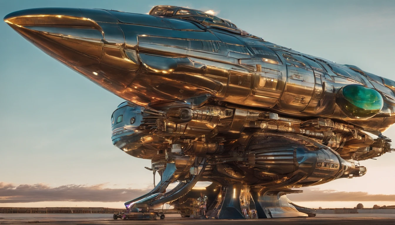 A colossal steampunk starship, reminiscent of Gerry and Sylvia Anderson's and Judith and Garfield Reeves-Stevens' unique styles, built from repurposed mobile home trailers. The ship features two rows of three trailers stacked vertically, interconnected by 6 large electric control rods and 6 culvert pipes. Atop the vessel, a massive MRI machine serves as a distinctive centerpiece. Four brown squirrel-ear-shaped crystal nacelles, two at the front and two at the rear, provide propulsion. This extraordinary vessel is, as large as the Western Half of Earth, combines retro-futuristic aesthetics with innovative engineering for a truly awe-inspiring sight. The ship's has metallic green and gold checkered design, with deep magenta accents. Insanely symmetrical design.
