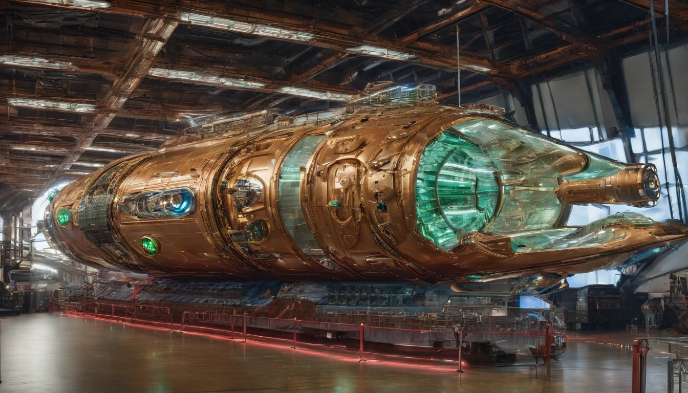 A colossal steampunk starship, reminiscent of Gerry and Sylvia Anderson's and Judith and Garfield Reeves-Stevens' unique styles, built from repurposed mobile home trailers. The ship features two rows of three trailers stacked vertically, interconnected by 6 large electric control rods and 6 culvert pipes. Atop the vessel, a massive MRI machine serves as a distinctive centerpiece. Four brown squirrel-ear-shaped crystal nacelles, two at the front and two at the rear, provide propulsion. This extraordinary vessel is, as large as the Western Half of Earth, combines retro-futuristic aesthetics with innovative engineering for a truly awe-inspiring sight. The ship's has metallic green and gold checkered design, with deep magenta accents. Insanely symmetrical design.
