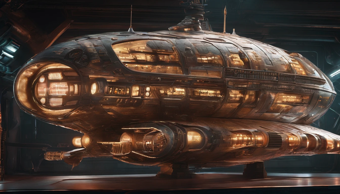 A colossal steampunk starship, reminiscent of Gerry and Sylvia Anderson's and Judith and Garfield Reeves-Stevens' unique styles, built from repurposed mobile home trailers. The ship features two rows of three trailers stacked vertically, interconnected by 6 large electric control rods and 6 culvert pipes. Atop the vessel, a massive MRI machine serves as a distinctive centerpiece. Four brown squirrel-ear-shaped crystal nacelles, two at the front and two at the rear, provide propulsion. This extraordinary vessel is, as large as the Western Half of Earth, combines retro-futuristic aesthetics with innovative engineering for a truly awe-inspiring sight. The ship's has metallic green and gold checkered design, with deep magenta accents. Insanely symmetrical design.