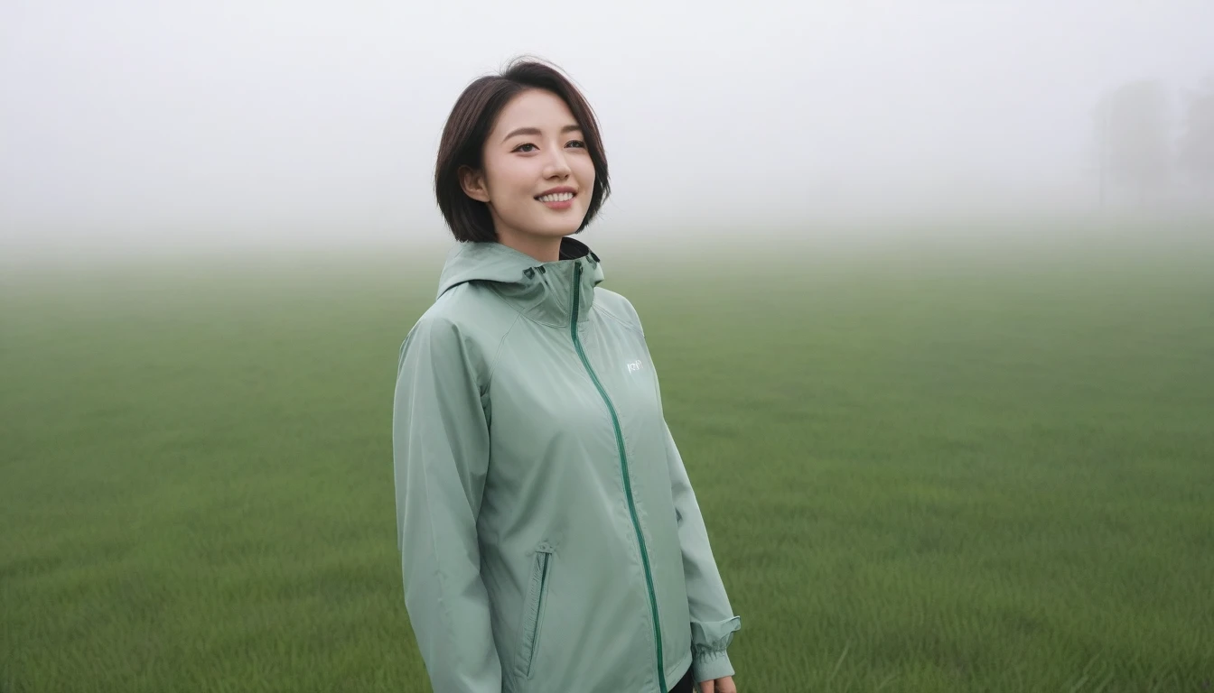 high quality, 1 woman, ((36-year-old healthy Korean woman)), ((36 years old)), 1 woman, eyes are big and beautiful. ((slim)), ((short medium hair)), Smile. pose: standing, gray and light green luxury brand windbreaker jacket, background: 1 woman, California, USA, pasture, Cow, A green meadow can be seen in the distance through the early morning fog.. Full body shot with 16-34 wide angle lens, looking up the side, Make the whole body visible