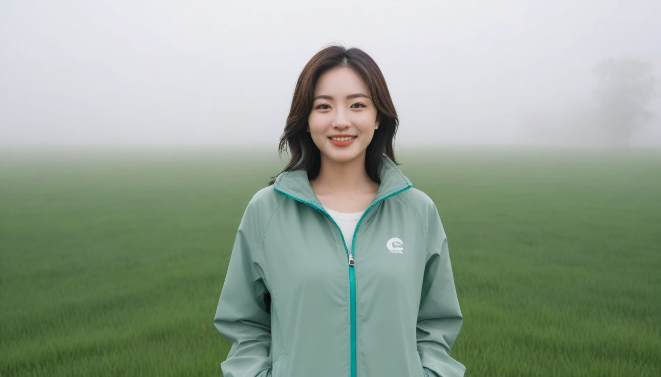 high quality, 1 woman, ((36-year-old healthy Korean woman)), ((36 years old)), 1 woman, eyes are big and beautiful. ((slim)), ((short medium hair)), Smile. pose: standing, gray and light green luxury brand windbreaker jacket, background: 1 woman, California, USA, pasture, Cow, A green meadow can be seen in the distance through the early morning fog.. Full body shot with 16-34 wide angle lens, looking up the side, Make the whole body visible
