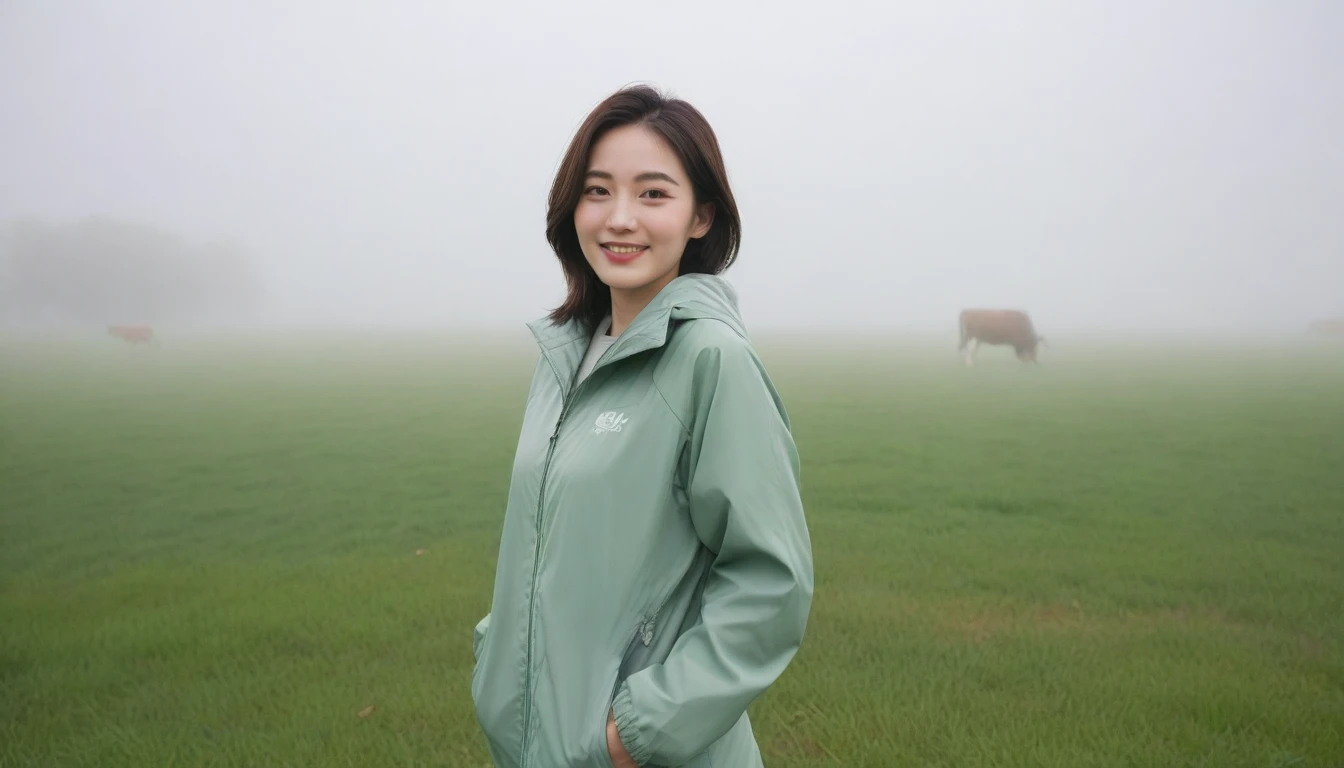 high quality, 1 woman, ((36-year-old healthy Korean woman)), ((36 years old)), 1 woman, eyes are big and beautiful. ((slim)), ((short medium hair)), Smile. pose: standing, gray and light green luxury brand windbreaker jacket, background: 1 woman, California, USA, pasture, Cow, A green meadow can be seen in the distance through the early morning fog.. Full body shot with 16-34 wide angle lens, looking up the side, Make the whole body visible