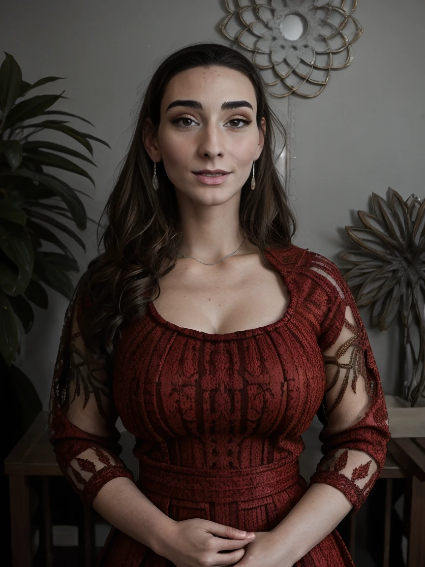 Beautiful and regal, imperious and aloof, busty athletic (thin) brunette queen with sharp facial features wearing a modest updo, dark red medieval dress, long sleeves, intricate patterns, scrollwork, wide neck, crown, veil, long dress, modest dress, tight bodice, (silver waist chain), medieval jewelry, Middle Ages, castle, rampart, wall, stained glass