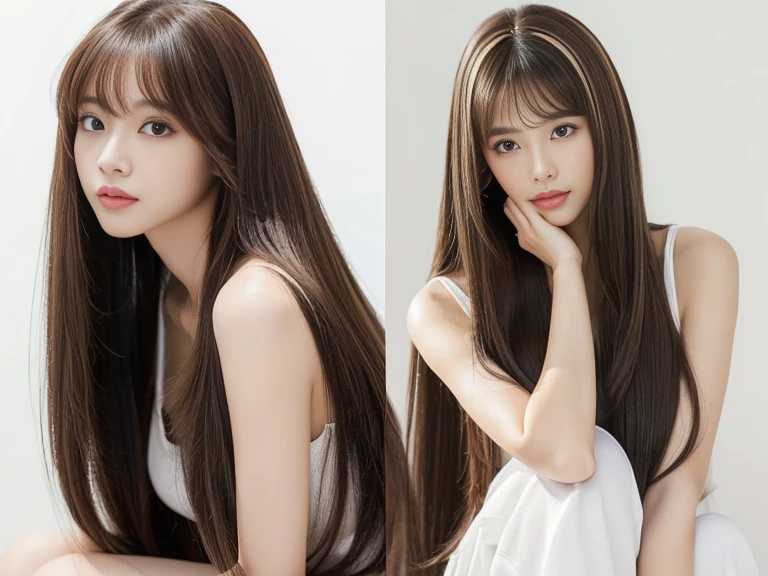 (Photo of twins who look alike, even down to their fingernails) (Knee-length shot of a woman) ((Close-up of two people from the neck up)) ((Beautiful 24 year old hair model with long light brown hair fell straight down Reaches up to the knee非常に長い髪 Highest quality The finest details Reaches up to the knee、Very long hair that lasts forever:1.3 Flowing Hair 私ncredibly straight hair Very shiny そして thick hair 途方もなく永遠に続くAbnormally long hair 両端に広がるFlowing Hair long hair up to the knees:1.2 long hair up to the knees:1.2 Thick and shiny hair Very free hair Abnormally long hair!!!!! Beautiful silky hair Beautiful and shiny hair Beautiful and shiny hair Beautiful silky hair Hair that grows to the knees Very very, Very long hair!!!!! Very very, Very long hair!!!!!)) (Highest quality The best ultra-fine Reaches up to the knee、Very long hair that lasts forever Flowing Hair Her hair is gently permed Very shiny そして thick hair 途方もなく永遠に続くAbnormally long hair 両端に広がるFlowing Hair long hair up to the knees:1.2 long hair up to the knees:1.2 Thick and shiny hair Very free hair Abnormally long hair!!!!! Beautiful silky hair Super long hair down to the knees Beautiful and shiny hair Beautiful and shiny hair Beautiful silky hair Hair that grows to the knees Very very, Very long hair!!!!! Very very, Very long hair!!!!!)) (Her bangs are perfectly styled、Straight down.:1.3) ((Her hair color is light brown:1.5)) (White wall background:1.8 Pure White Sofa) (Japan'The sexiest and most beautiful 24 year old model) (She looks at the viewer with a very captivating expression.......) ((Highest quality)), ((masterpiece)), (Familiar) (Get used to it) Perfect Face (Her skin is a typical Japanese skin color.. And very detailed) (Big Breasts:1.3) (She is wearing a shiny white camisole.) (She has a beautiful face and a typical Japanese figure...., Narrow eyes) (She has perfect 美しい and sexy makeup and face Lipstick is light red A solid eyeliner) ((Rich 1.4)) (Extremely detailed 8K) (Ultra-fine skin texture 1.4) (Actual, Vibrant:1.4), double eyelid Sharp focus:1.2、Beautiful woman:1.4 Dynamic Lighting (Genuine RAW photos taken by professional photographers) Professional Hair Shine. (She has a bright and cheerful face) (Her face is slim and dignified.., length, Narrow eyes..々Nice face)