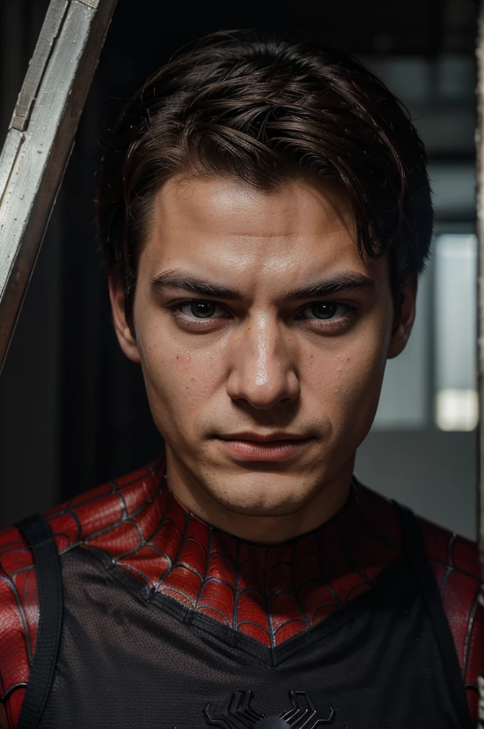 A photograph of spider man, no mask, 20 yo, handsome, detailed face, looking at camera, portrait, 8k uhd, high quality