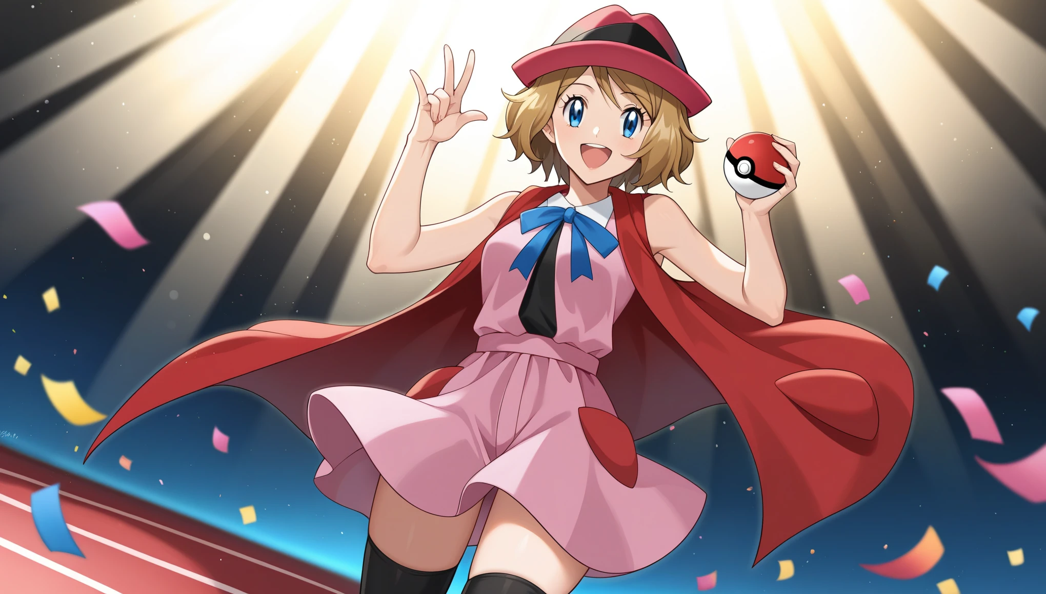 score_9, score_8_up, score_7_up, source_anime, rating_safe, BREAK serena \(pokemon\), 1girl, blue eyes, eyelashes, short hair, blonde hair, hat, neck ribbon, blue ribbon, pink shirt, sleeveless, bare arms, red jacket, pink skirt, black thighhighs, dutch angle, hand up, smile, happy, open mouth, holding poke ball, light particles, light rays, dutch angle, aura, backlighting, confetti, light particles, light rays, stage, stage lights, spot light