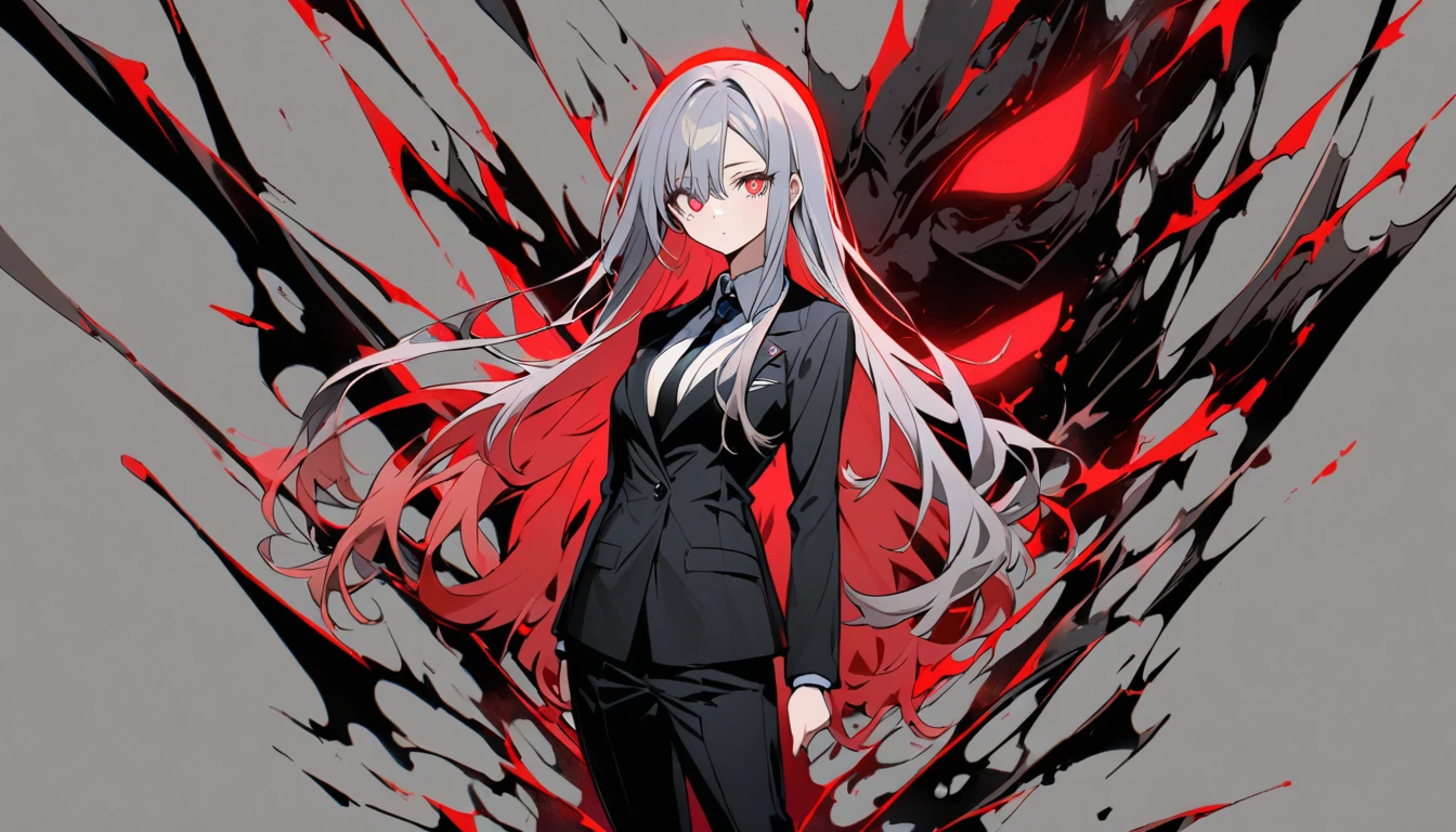 1 girl character。gray hair color、Glowing red eyes、Long Hair、There is a mole under the left eye。In a suit。whole body。No background、Depict only one person