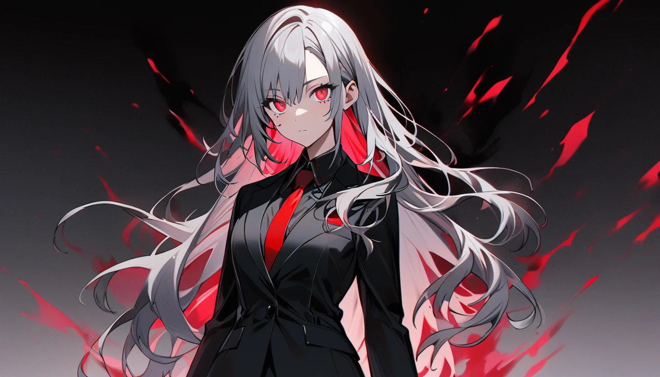 1 teen girl character。gray hair color、Glowing red eyes、Long Hair、There is a mole under the left eye。In a suit。whole body。No background、Depict only one person