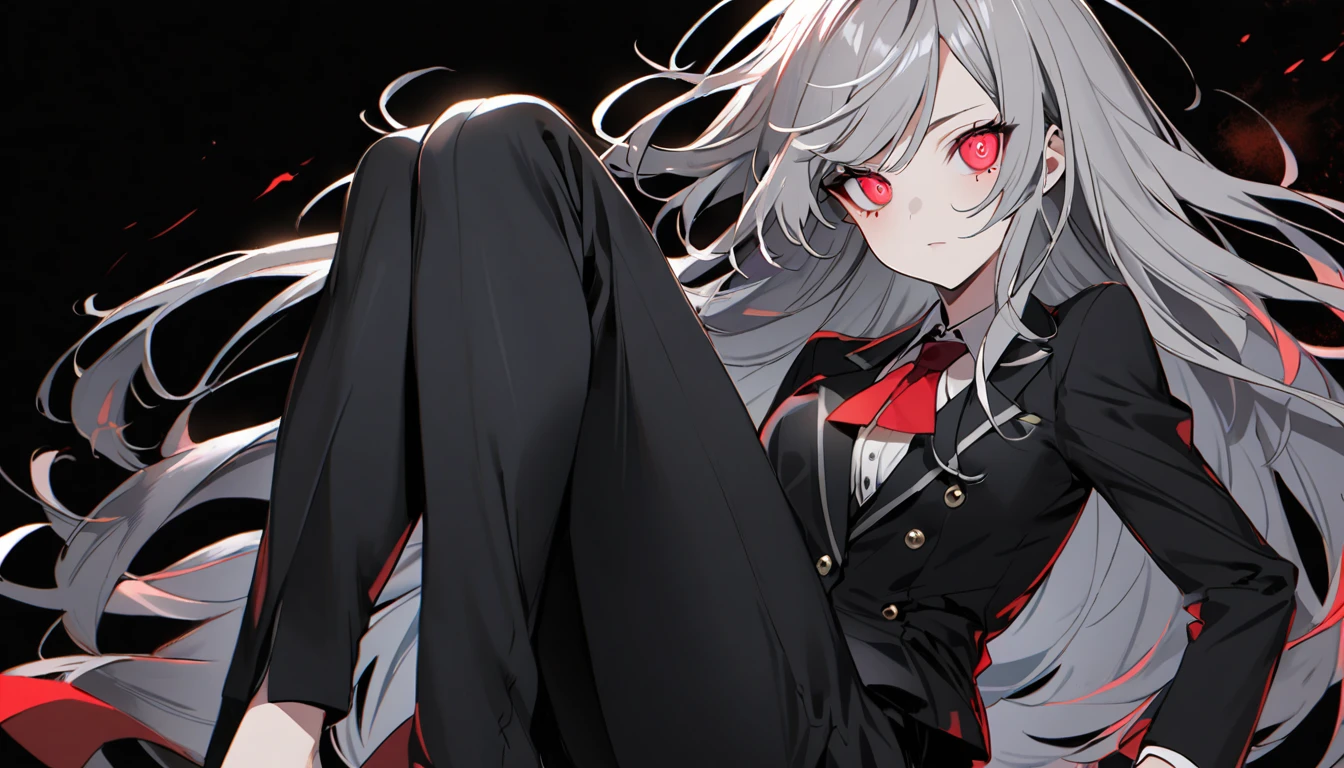 1 teen girl character。gray hair color、Glowing red eyes、Long Hair、There is a mole under the left eye。In a suit。whole body。No background、Depict only one person