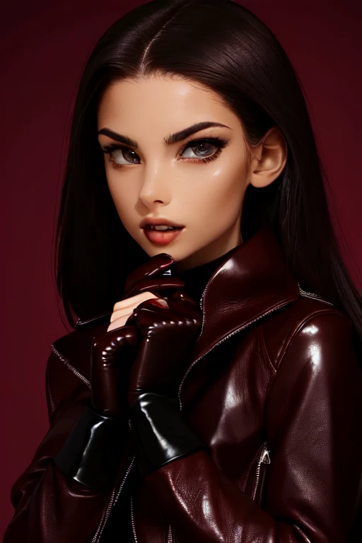 Female, 23 years old+ with a perfect figure, hands in the chest area In a burgundy leather jacket and a black pencil skirt, leather gloves, boots, Chest decoration, Medium breasts, full height , Photo, high quality, detailed parts of the face, holding a cucumber in his mouth, holds with lips