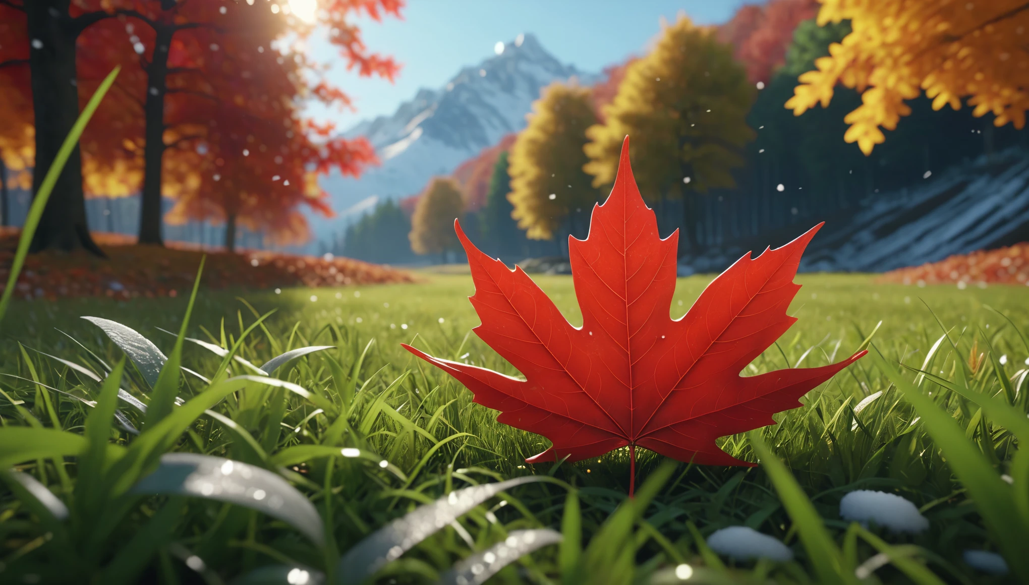 there is a red leaf that is sitting on the ground in the grass, masterpiece. rendered in blender, 4 k masterpiece, 4k masterpiece, god\'s creation, masterpiece ; behance hd, close establishing shot, spiritual masterpiece, 2 0 2 1 cinematic 4 k framegrab, 8 k masterpiece, 8k masterpiece, bright light masterpiece, masterpiece 8 k,nature photography 4k, november, cinematic widescreen shot, leaves and magic, high quality screenshot, 2 0 2 1 cinematic 4 k framegrab, It's snowing,wide screenshot、