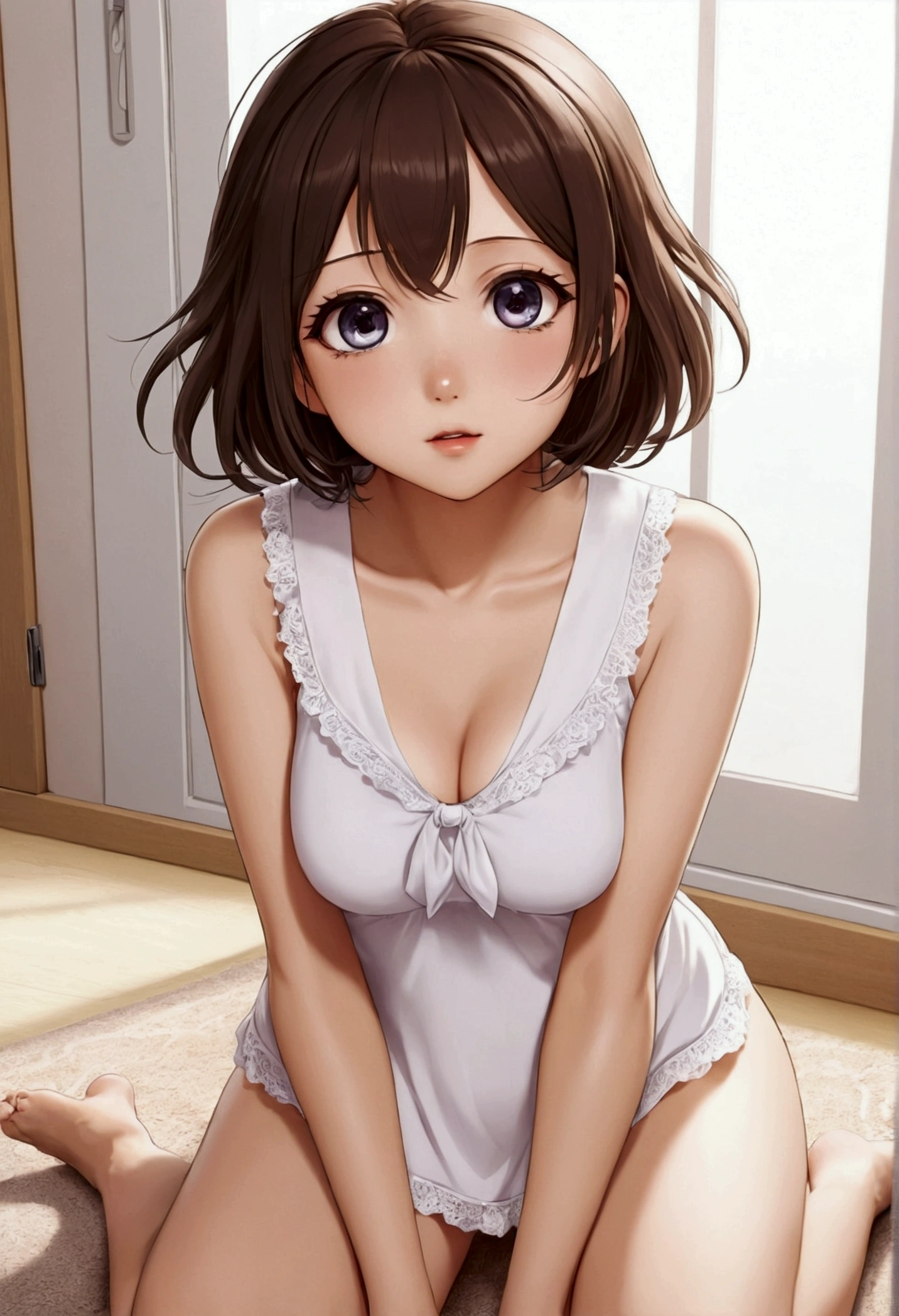 Cute ，Barefoot，Tummy down，head looking up，Raise your feet，shift dresses，white  panties，largeeyes，Anime cute face，