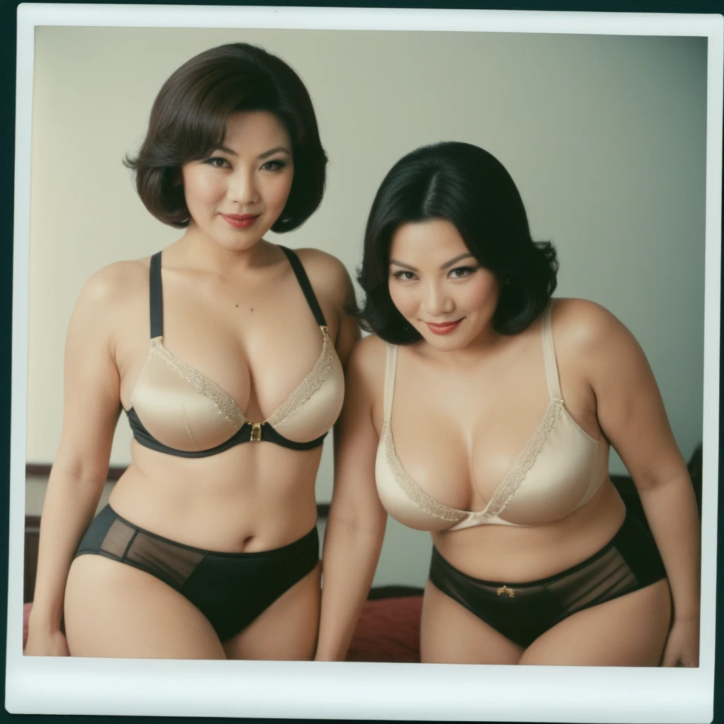 AnalogRedmAF Polaroid (Closeup), 2 lesbian Chinese curvy mature women (Busty, big breasted Cleavage), Short hair - Bending Down over Camera - Looking seductive and sexy - revealing Cleavage, Wearing Silk tight push up bra and high waist panties (tight),1967