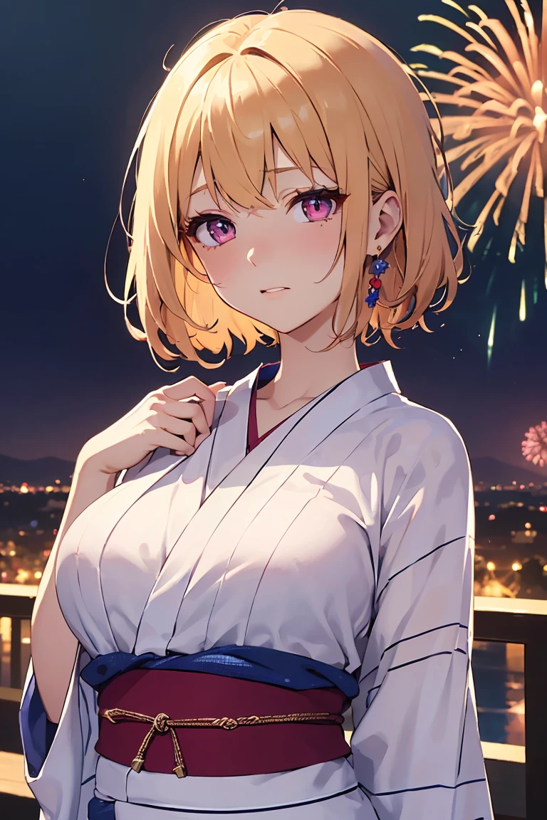 masterpiece, absurdres, best quality, ultra detailed, high Resolution, detailed illustration, bright colour, (extremely beautiful detailed face and eyes, Delicate beautiful face, 1 girl, 18yo, cute face:1.3), (magenta eyes:1.1), sparkling eyes, big eyes, (medium breasts:1.3), (perky breasts:1.1), (pointy breasts:1.1), medium hips, glamorous body, white skin, BREAK, (blonde hair:0.8), messy hair, detailed hair, shiny hair, BREAK (yukata, undressed:1.3), perfect lighting, (???????, vulgarity:1.5), (embarrassed:1.3), (firework:1.2),