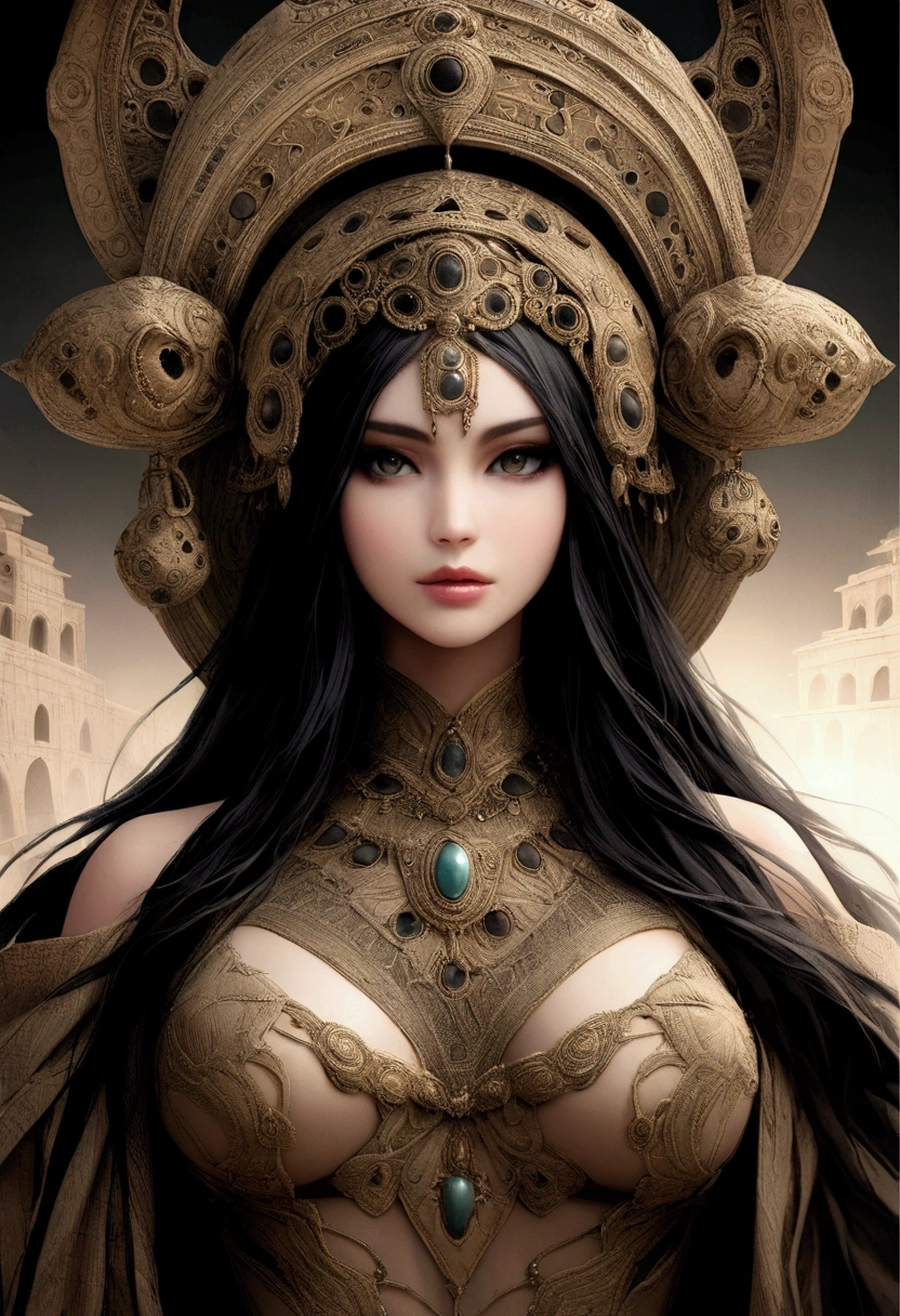 vapour_graphic beautiful woman black long hair hyperrealistic 16k background ancient opaque strange cities 