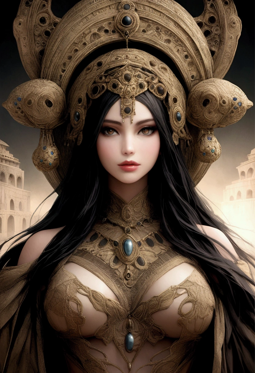 vapour_graphic beautiful woman black long hair hyperrealistic 16k background ancient opaque strange cities 