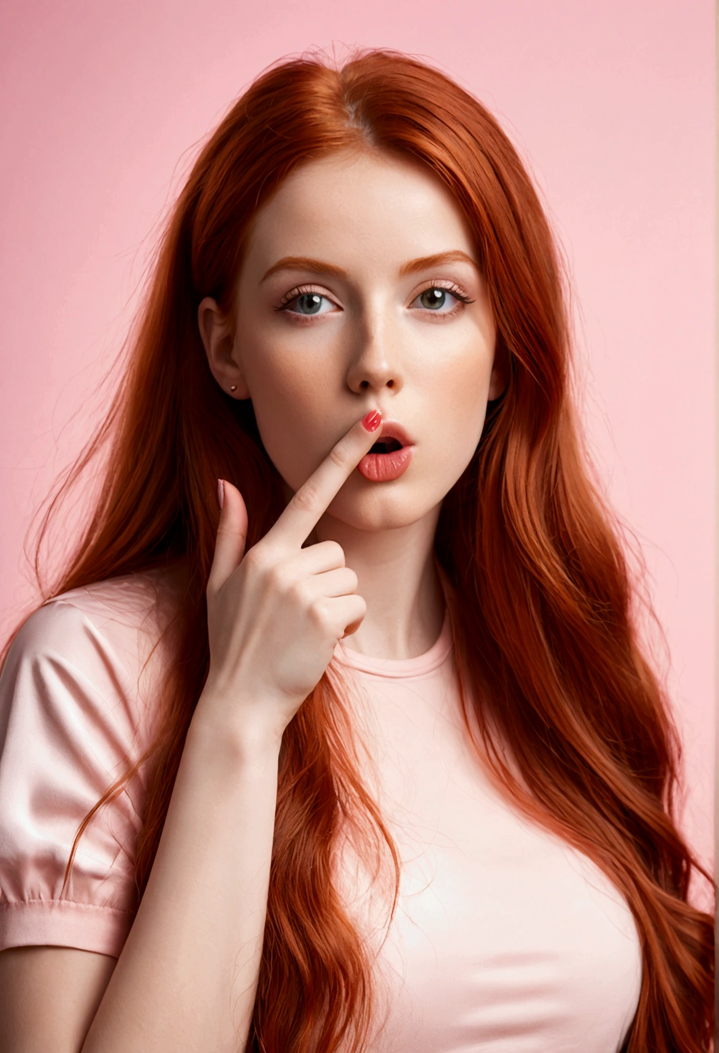 ultra realistic, photography, long red hair, girl, 24 years old, hourglass figure, perfect body, Flirty look, beautiful detailed woman, intricate and detailed face, long lush hair, soft lighting, photorealistic, high quality, cinematic, dramatic, warm color tones, facing the camera, Nikon z fx, lens 35 mm, blur background, beautiful attractive redhead young woman 20s years old in rose clothes look aside say hush be quiet with finger on lips shhh gesture isolated on pastel pink color background studio