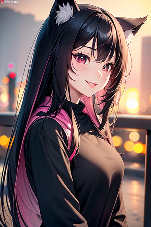 a beautiful 21 year old korean girl, demi wolf,long slightly waved black hair with pink highlights, sharp rosy eyes, playful fanged smile, anime realism style, wolf ears, portrait, black and pink sweater, playful attitude (best quality,4k,8k,highres,masterpiece:1.2),ultra-detailed,(realistic,photorealistic,photo-realistic:1.37),HDR,vivid colors,professional,bokeh