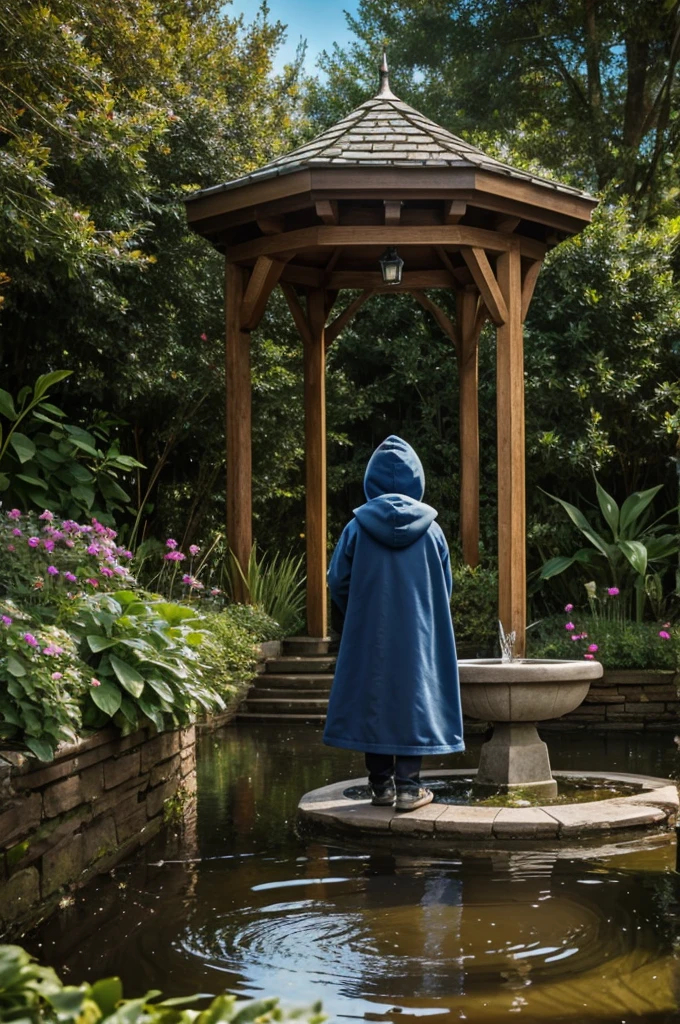 Hooded boy approaches the wishing well
