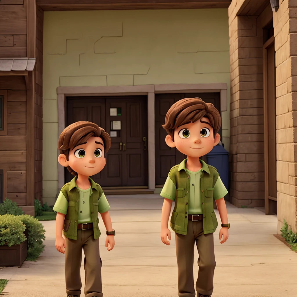 An 11-year-old boy with brown hair and a green shirt walks into his entertainment company