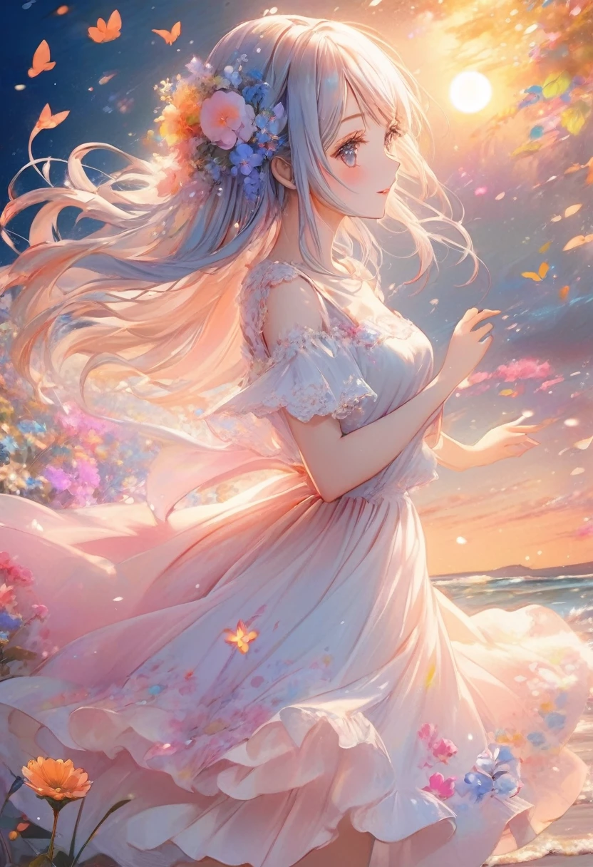 a woman in a dress standing on a beach with flowers, beautiful anime girl, anime style 4 k, beautiful anime, cute anime waifu in a nice dress, anime art wallpaper 4 k, anime art wallpaper 4k, anime art wallpaper 8 k, beautiful fantasy anime, anime girl desktop background, very beautiful anime cat girl, beautiful anime artwork, 4k anime wallpaper