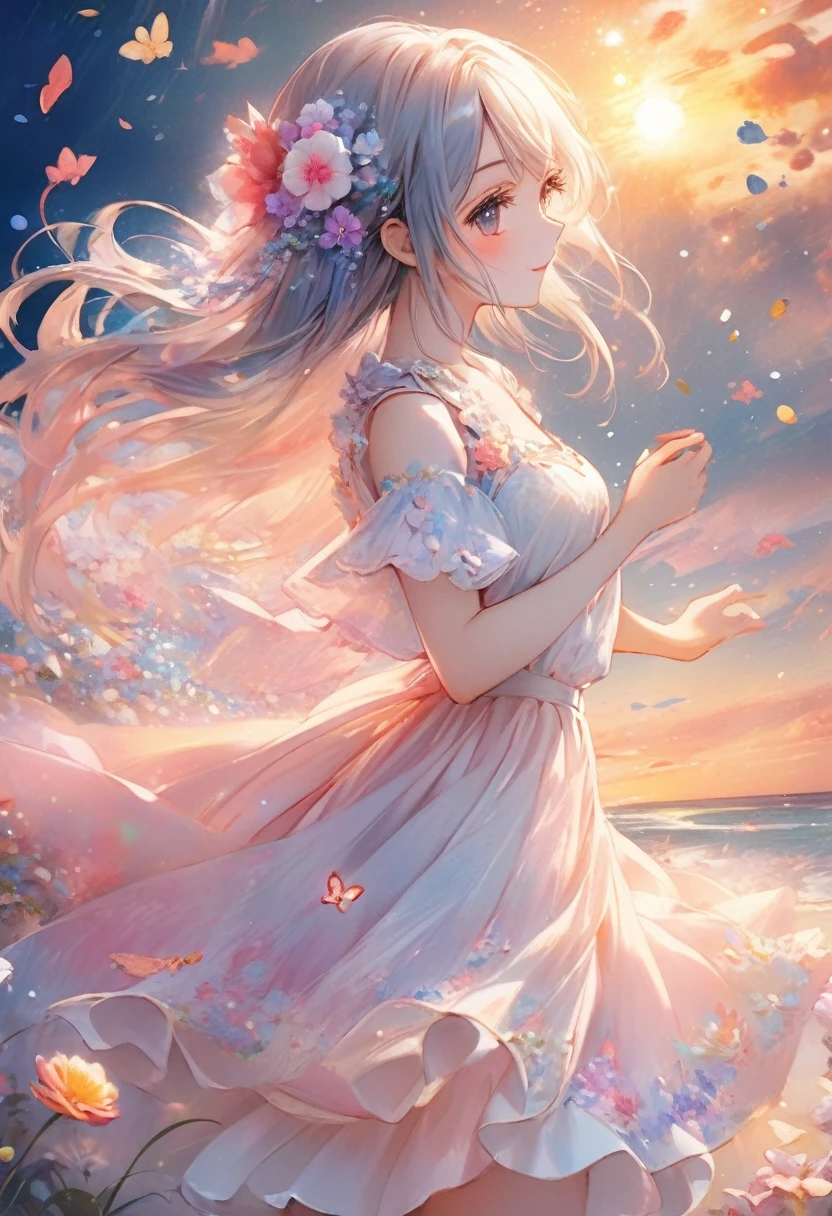 a woman in a dress standing on a beach with flowers, beautiful anime girl, anime style 4 k, beautiful anime, cute anime waifu in a nice dress, anime art wallpaper 4 k, anime art wallpaper 4k, anime art wallpaper 8 k, beautiful fantasy anime, anime girl desktop background, very beautiful anime cat girl, beautiful anime artwork, 4k anime wallpaper