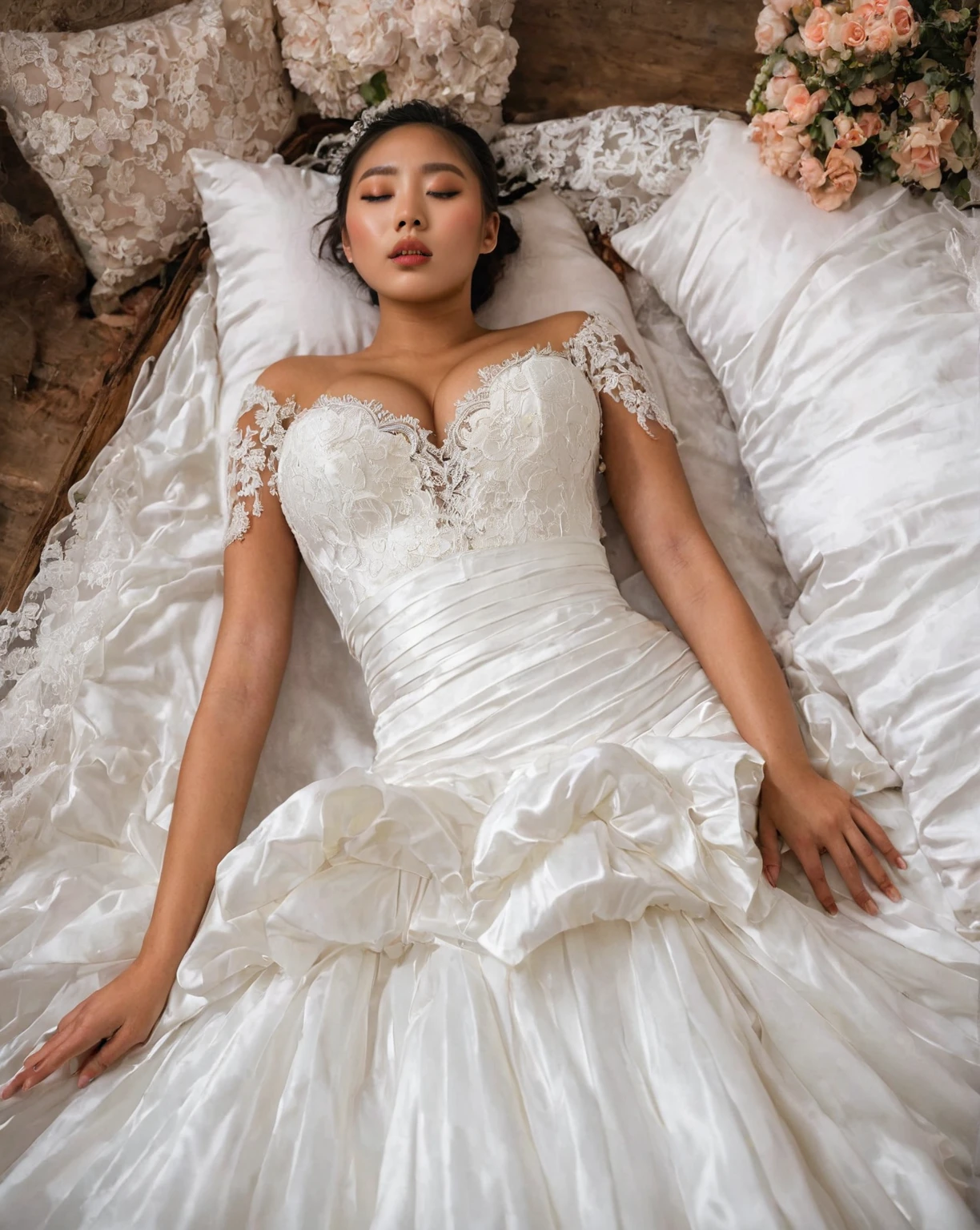 A provocative and sensual image unfolds before us. Two Korean girls, 22 years old, lie asleep in a deep, black coffin surrounded by plush pillows. They wear see-through wedding dresses with lace details, off-shoulder designs, sleeve, and huge skirts that cascade around their bodies. The dresses are cut low to showcase their beautiful breasts, fixed with a subtle cleavage cutout. Their faces are flawless, with perfect eyebrows, eyelashes, and skin tone. One girl's hair is styled in a ponytail with bangs framing her face, while the other has a bun adorned with wisps of hair framing her closed eyes. The overall atmosphere is one of intimacy and sensuality, with saturated colors enhancing the mood. Note the visible breasts and perfectly manicured hands that peek out from beneath the skirts, which are strategically covered to conceal their legs, ba11g0wn