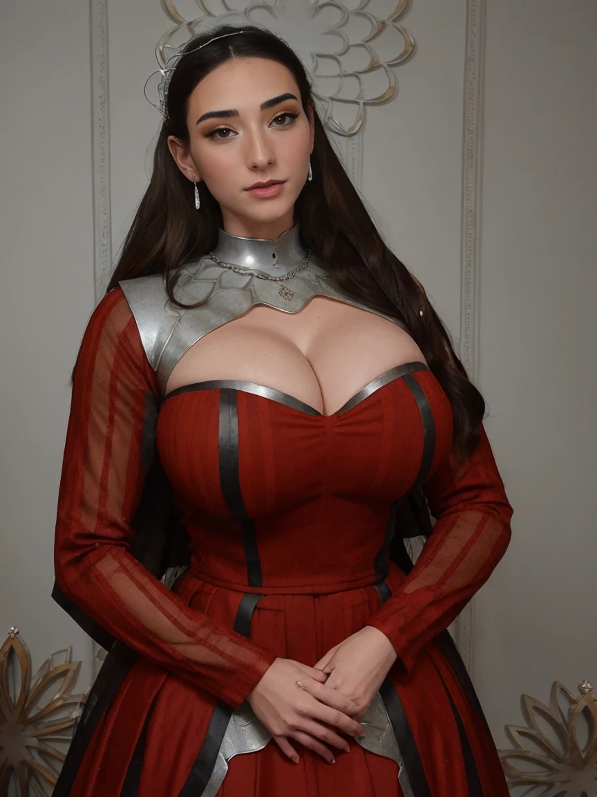 Gorgeous and sultry busty athletic (thin) brunette queen with sharp facial features wearing a modest updo, dark red medieval dress, long sleeves, intricate patterns, scrollwork, wide neck, crown, veil, long dress, modest dress, tight bodice, (silver waist chain), medieval jewelry, Middle Ages, castle, rampart, wall, stained glass