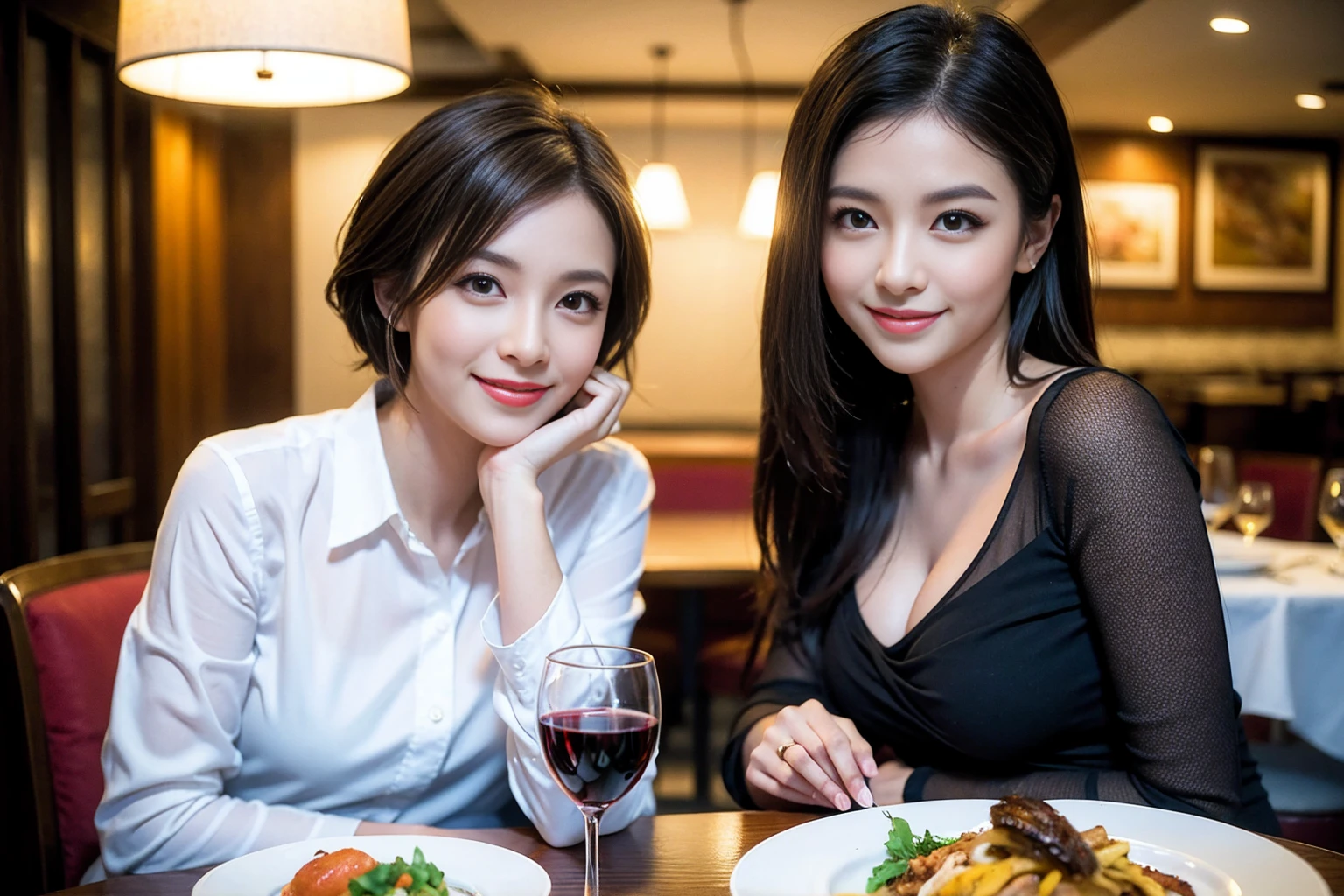 ((Highest quality、8K、masterpiece:1.3))、Shortcuts、cute、slimカップル、modelカップル、actress男優、(Realistic, Intricate details:1.2), full-course dinner、Wine Party、Amazing view of the sunset sky and clouds、A bright smile、short hair,Bright Face、45 years old), 42 years old, red wine 、Appetizers、Italian food、Wine bottle、Champagne、sparkling wine、Two beauties、Brown Hair、Shortcuts、Long sleeve shirt、dress、Beautiful woman 1, (slimな顔), (The body is slim), (Brown Hair), (Shortcuts), cheeks turn a little red,Attractive beauty、restaurant, In a prominent place (From the waist up) Nova Frog Style, actress, model, Upper Body, White wine, slim, wine glass, 中央に置かれたwine glass, smile, (smile: 1.15), Beautiful fine grain, Depth f/2,saturation, High Contrast, Strong light and shadow,Moist Body:1.5、3D texture、Delicate eyes、Brown Hair、The hair is very shiny、