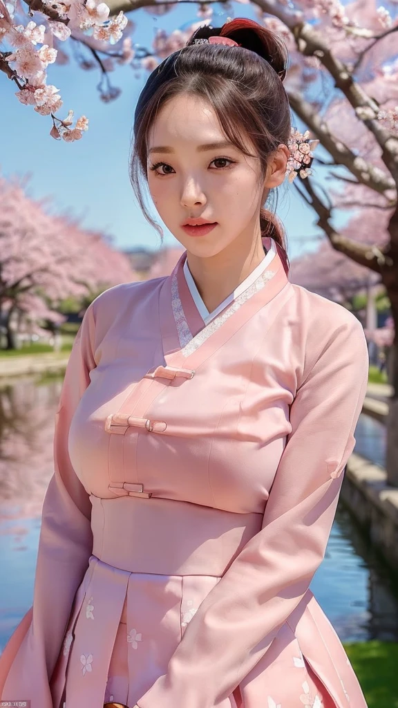 (best quality, 8K, masterpiece: 1.3), ((((((Incredibly huge breasts: 0.8))))), single ponytail, (beautiful face:1.3), Cherry blossoms are in full bloom, full of cherry blossoms, floating cherry blossom petals, very cool, Authentic Korean Hanbok,가슴 분열,분열된 가슴