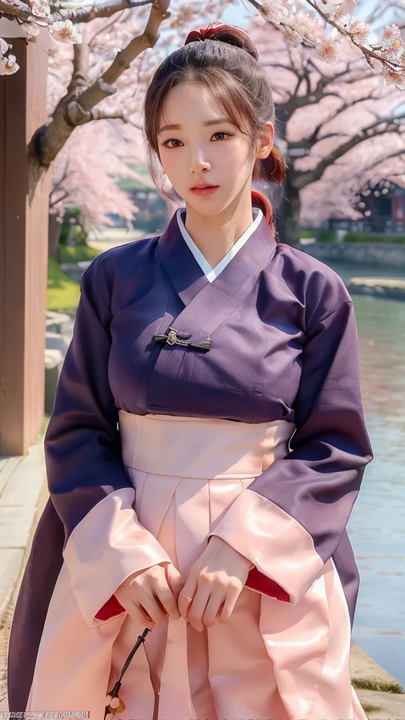 (best quality, 8K, masterpiece: 1.3), ((((((Incredibly huge breasts: 0.8))))), single ponytail, (beautiful face:1.3), Cherry blossoms are in full bloom, full of cherry blossoms, floating cherry blossom petals, very cool, Authentic Korean Hanbok,가슴 분열,분열된 가슴