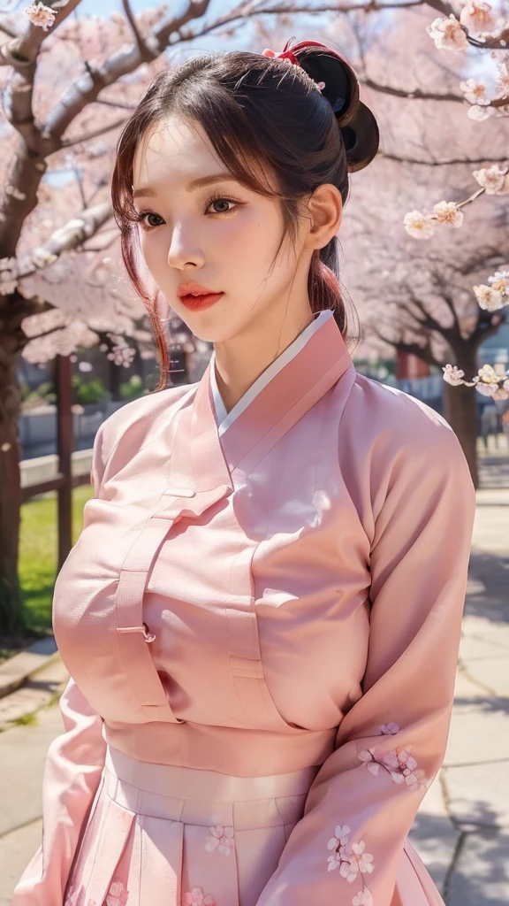 (best quality, 8K, masterpiece: 1.3), ((((((Incredibly huge breasts: 0.8))))), single ponytail, (beautiful face:1.3), Cherry blossoms are in full bloom, full of cherry blossoms, floating cherry blossom petals, very cool, Authentic Korean Hanbok,가슴 분열,분열된 가슴