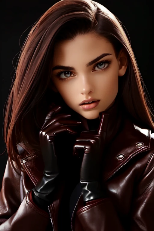 Female, 23 years old+ with a perfect figure, hands in the chest area In a burgundy leather jacket and a black pencil skirt, leather gloves, boots, Chest decoration, Medium breasts, full height , Photo, high quality, detailed parts of the face, in the mouth