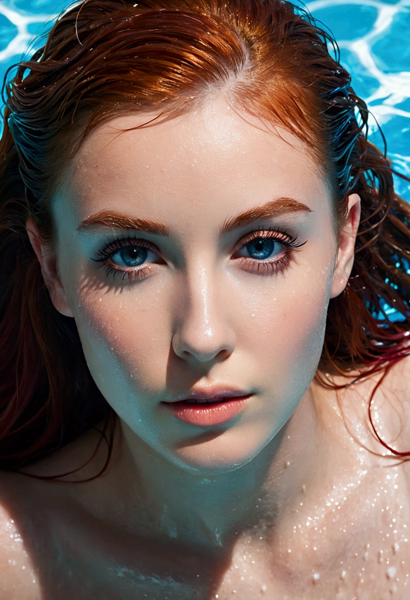 ultra realistic, photography, long red hair, girl, 24 years old, (From a straight above), female is standing in the pool, her lower body is submerged in the water and her upper body is wet, her skin is wet, her hair is wet, her eyes gazing up toward the camera. She exuded confidence and elegance, with every aspect of her appearance meticulously styled. Her face was adorned with flawless makeup—mascara, eyeliner, and striking eye shadow that enhanced her captivating gaze. Long, fluttering lashes added a touch of allure. bright eyes, cleavage Her ears shimmered with elegant earrings, complementing her stylish hairstyle, which was expertly arranged to showcase her beauty. The teacher's attire exuded professionalism and sophistication, while still maintaining a touch of glamour. She wore a tight white shirt which got wet and sheer. The scene unfolded, creating a contrast between the glamorous teacher and her surroundings. Despite the unconventional location, her presence exuded confidence and a sense of authority. From this birds-eye perspective, she appeared as a beacon of knowledge, ready to impart wisdom and inspire her students with her undeniable grace and beauty. beautiful detailed nose, beautiful detailed thigh, (beautiful detailed eyes), (complete perfect body), abs, perfect body proportion, (looking at viewer), (CLOSE UP), her nipples are hard