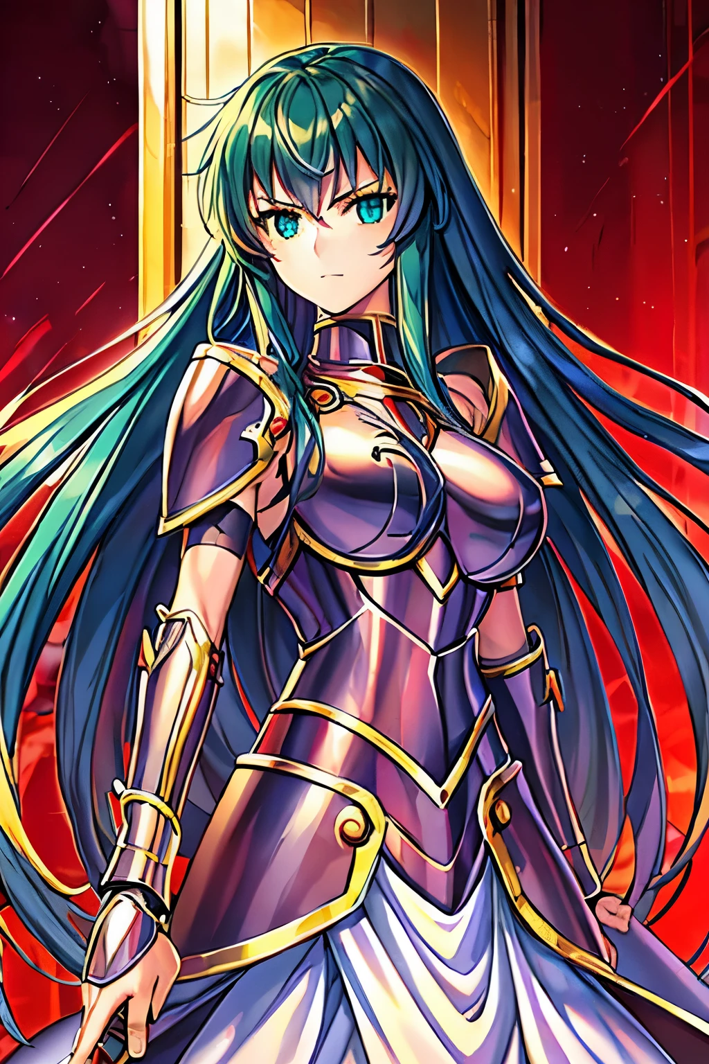 (high-quality, breathtaking),(expressive eyes, perfect face) 1female, Symmetrical Eyes, girl , solo, adult , portrait, dark green colored hair, red coloured eyes, stylised hair, neutral expression, soft smile, medium length hair, loose hair, side bangs, wavy hair, narrow eyes, looking at viewer, black armor, red trim, fantasy armor, corruption theme, Sasha Saint Seiya Lost Canvas, Goddess Athena, haunting red background, athenaCloth_armor, Saint Seiya Armor, full plate, long sleeved shirt, gauntlets, shoulder pads, BlackKnight_fe
