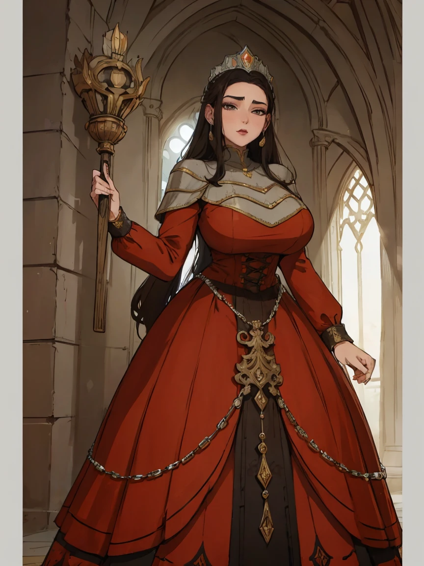 Beautiful and regal, imperious and aloof, busty athletic (thin) brunette queen with sharp facial features wearing a modest updo, dark red medieval dress, long sleeves, intricate patterns, scrollwork, wide neck, crown, veil, long dress, modest dress, tight bodice, (silver waist chain), medieval jewelry, Middle Ages, castle, rampart, wall, stained glass