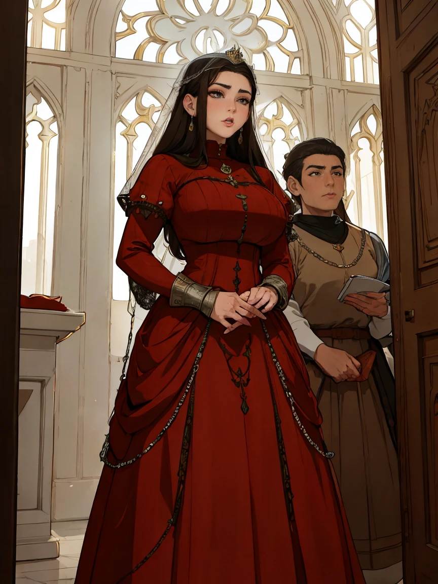 Beautiful and regal, imperious and aloof, busty athletic (thin) brunette queen with sharp facial features wearing a modest updo, dark red medieval dress, long sleeves, intricate patterns, scrollwork, wide neck, crown, veil, long dress, modest dress, tight bodice, (silver waist chain), medieval jewelry, Middle Ages, castle, rampart, wall, stained glass