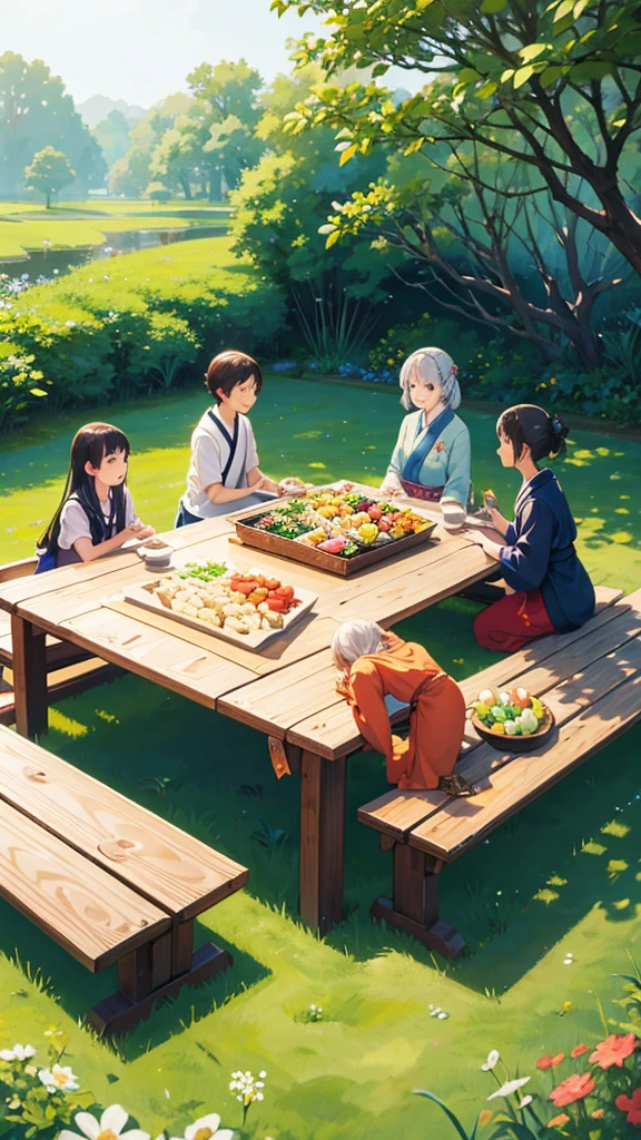 Japanese Foods on a long big picnic table,  flower field, picnic table, detail food, Studio Ghibli art, 8K, Clear picture with details, Ultrasharp