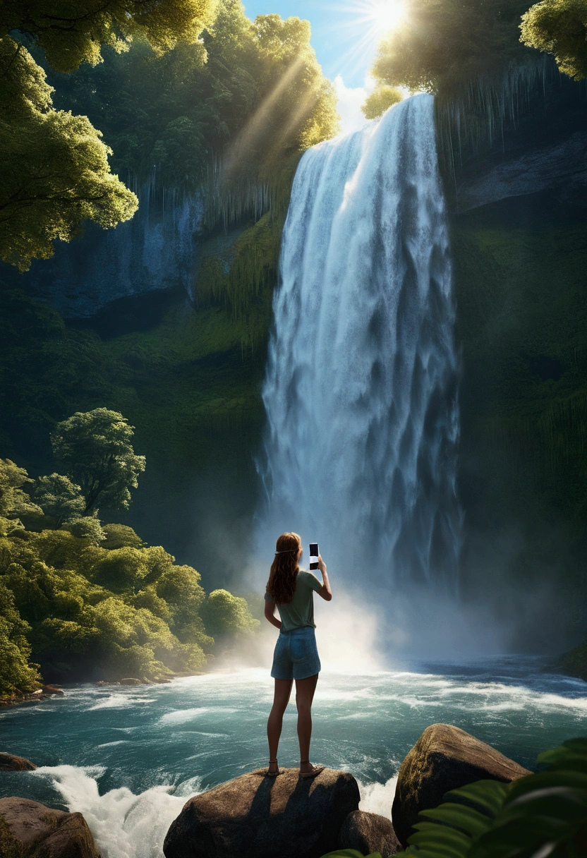 A stunningrealistic 8K image of a young woman capturing a mesmerizing waterfall scene with her cell phone. The waterfall cascades majestically in the background, creating a powerful contrast with the vibrant greenery and crystal-clear river. The woman stands in awe, her silhouette accentuated by the golden rays of sunlight breaking through the clouds. The cinematic 3D render showcases the iconic landscape, capturing the essence of nature's beauty and the power of raw, unfiltered photography., 3d render, conceptual art, cinematic