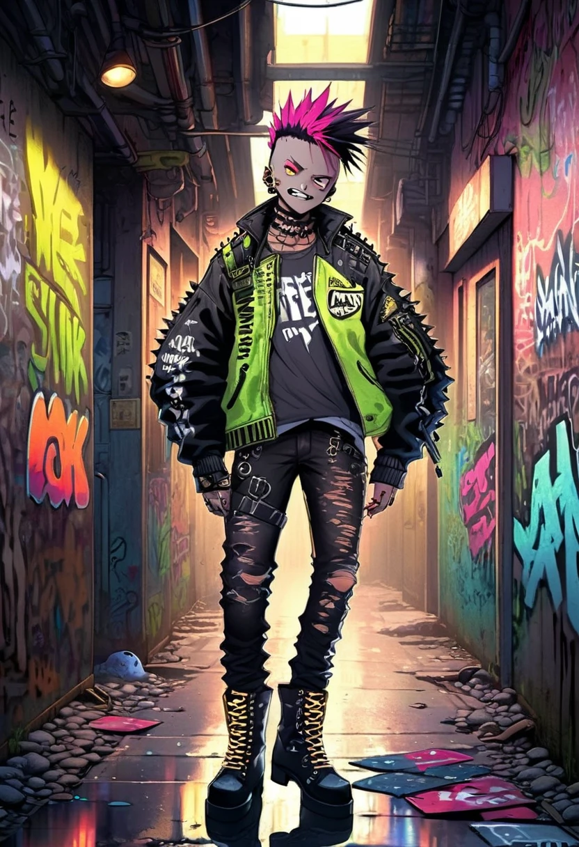 A man with a metal punk style is walking down the streets in a dystopian world. The scene is set in a world dominated by metallic elements and punk aesthetics. The man's appearance is characterized by a rebellious and edgy fashion style, with an outfit consisting of leather jackets, ripped jeans, heavy metal accessories, and military style boots with straps and spikes. His hair is spiked and dyed in vibrant neon colors, showcasing his fierce personality. His mouth has a devious, almost evil grin to it showing how rebellious and defiant he is. The man's entire body is visible to highlight his clothing style including his footwear, one of his most prized posessions.
The environment around him is heavily influenced by a post-apocalyptic setting, with dilapidated buildings and crumbling infrastructure. The streets are filled with graffiti and signs of rebellion, reflecting the punk subculture that permeates this world. Neon lights flicker in the dimly lit alleyways, casting an eerie glow and creating an atmosphere of tension and uncertainty.
The man's movements are confident and purposeful as he navigates through the abandoned streets. His eyes are piercing and filled with determination. The attention to detail in depicting his eyes and facial features is paramount to capture the essence of his rebellious nature.
The overall image quality is of the highest standard, with a focus on ultra-detailed rendering and vivid colors. Each design element, from the textured leather of his jacket to the intricate patterns in the graffiti, is meticulously crafted to create a photorealistic masterpiece. The lighting technique enhances the dramatic atmosphere, with shadows and neon reflections adding depth to the scene.
In terms of art style, the prompt emphasizes the fusion of punk aesthetics with a dystopian world, resulting in a unique blend of urban grit and metallic elements. This combination creates a visually striking and thought-provoking image.
