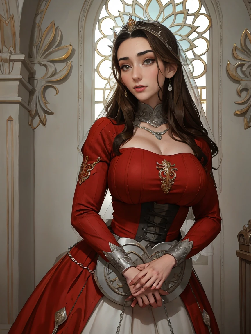 Beautiful and regal, imperious and aloof, busty athletic (thin) brunette queen with sharp facial features wearing a modest updo, dark red medieval dress, long sleeves, intricate patterns, scrollwork, wide neck, crown, veil, long dress, modest dress, tight bodice, (silver waist chain), medieval jewelry, Middle Ages, castle, rampart, wall, stained glass