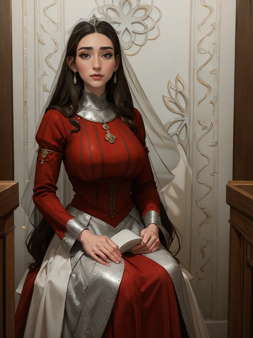 Beautiful and regal, imperious and aloof, busty athletic (thin) brunette queen with sharp facial features wearing a modest updo, dark red medieval dress, long sleeves, intricate patterns, scrollwork, wide neck, crown, veil, long dress, modest dress, tight bodice, (silver waist chain), medieval jewelry, Middle Ages, castle, rampart, wall, stained glass