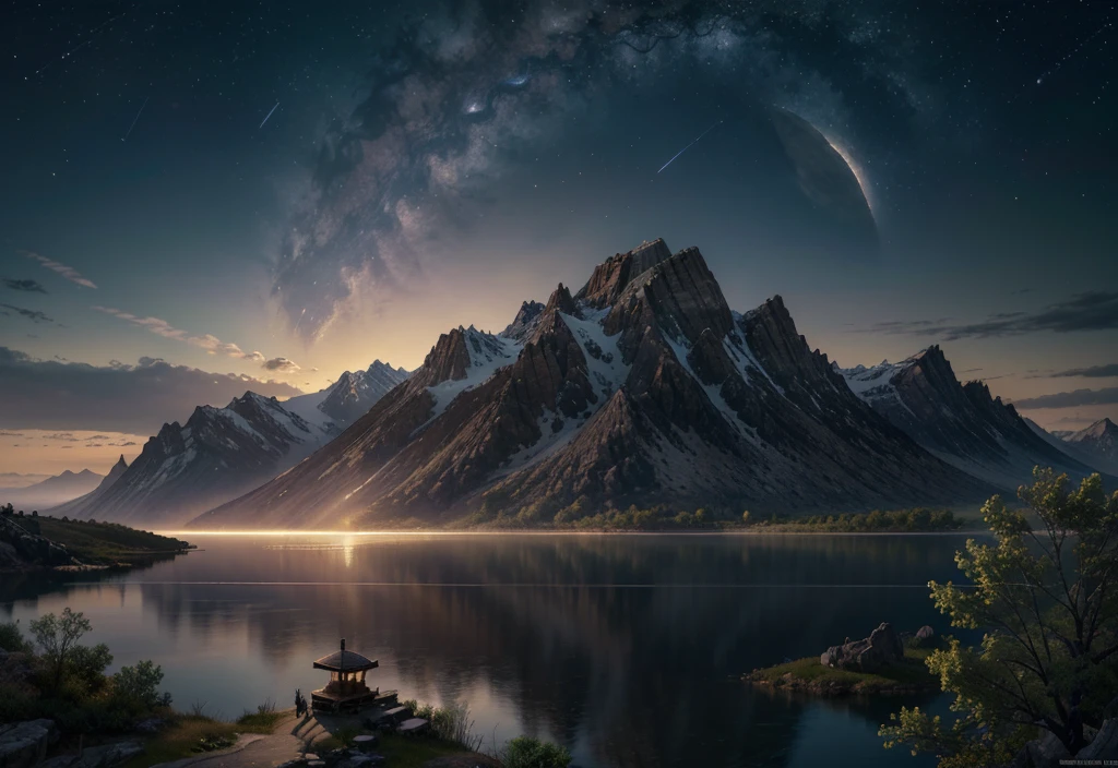 Lake Yamawa,There is a moon in the sky, 4k highly detailed digital art, 4k HD wallpapers are very detailed, Impressive fantasy scenery, Sci-fi fantasy desktop wallpaper, Unreal engine 4k wallpaper, 4k detailed digital art, Sci-fi fantasy wallpaper, Epic fantasy landscape, 4k HD matte digital, 8k stunning artwork