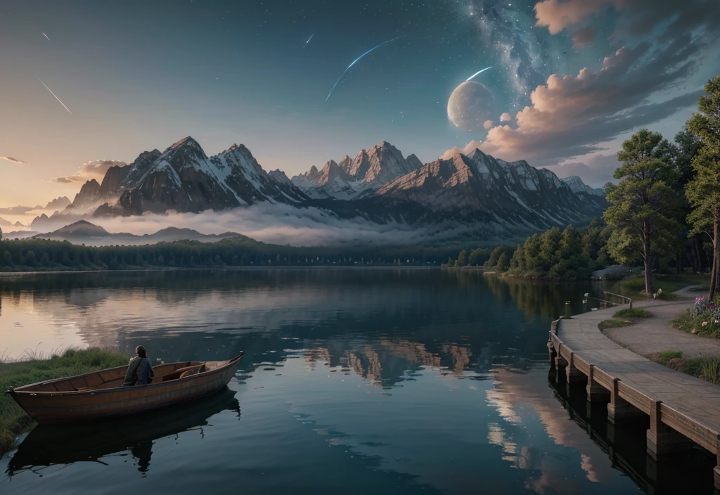 Lake Yamawa,There is a moon in the sky, 4k highly detailed digital art, 4k HD wallpapers are very detailed, Impressive fantasy scenery, Sci-fi fantasy desktop wallpaper, Unreal engine 4k wallpaper, 4k detailed digital art, Sci-fi fantasy wallpaper, Epic fantasy landscape, 4k HD matte digital, 8k stunning artwork