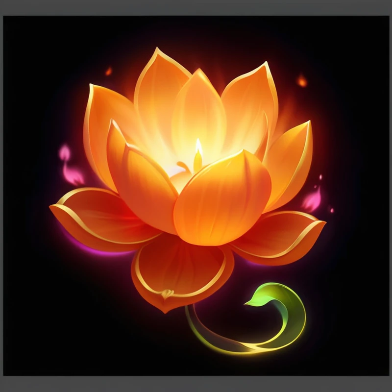 There is a picture of a flower，There is a lamp in the middle, Glowing delicate flowers, Has a blooming and ethereal effect, Glowing flowers, Stylized art, holy fire spell art, Holy Flame Crown Spell, Artifact dota2, Magic spell icon, Describing a flower, Light bloom, in mysterious style, Glowing flowers, League of Legends Arcane, lotus