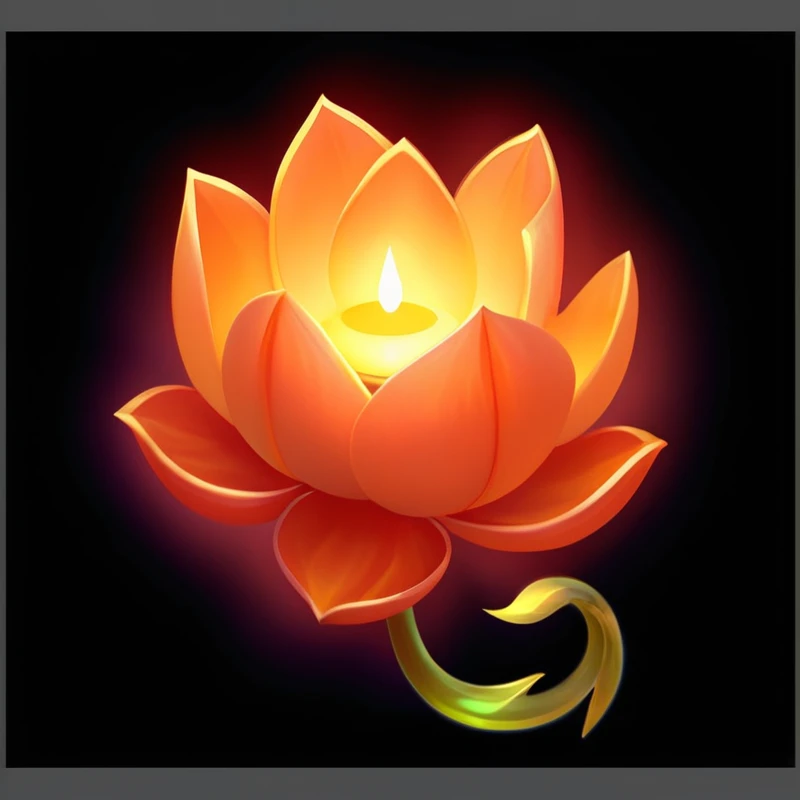 There is a picture of a flower,There is a lamp in the middle, Glowing delicate flowers, Has a blooming and ethereal effect, Glowing flowers, Stylized art, holy fire spell art, Holy Flame Crown Spell, Artifact dota2, Magic spell icon, Describing a flower, Light bloom, in mysterious style, Glowing flowers, League of Legends Arcane, lotus