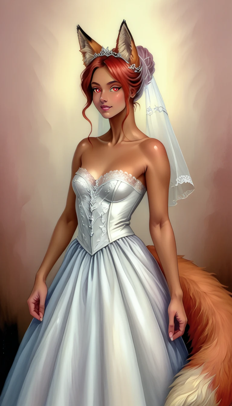 (zPDXL2), score_9_up, painterly, faux traditional media, realistic, BREAK
1girl, solo, fullbody, (fox:1.2), (long wavy hair, bun hairstyle), glowing red eyes, (fox ears, fox tail), tanned skin, wedding dress, wheat farm background, BREAK
AissistXLv2, unaestheticXL_bp5, SimplePositiveXLv2, zPDXL2 PonyXLV6_Scores