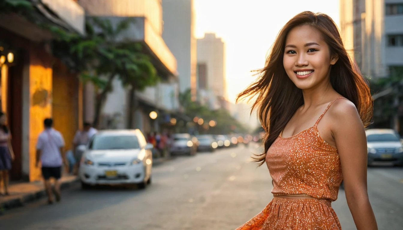 Description: Capture a slender, Asian-Hispanic-Filipina woman with tanned brown skin, age 34, in a candid pose while walking down a bustling city street in downtown Manila. The setting sun casts twilight hues across the sky, adding a dramatic backdrop. Her long, thick, waist-length hair flows naturally as she smiles flirtatiously at the viewer. She wears a stylish, small skirt that complements her  figure. Focus on her facial features, especially her flat nose and expressive eyes, using a photographic quality with a 2.8 aperture depth of field to create a bokeh effect, enhancing the realism and detail of her face and hair.
Photography Style: Photorealistic, medium shot, with emphasis on depth of field and evening lighting to highlight her facial and hair details.